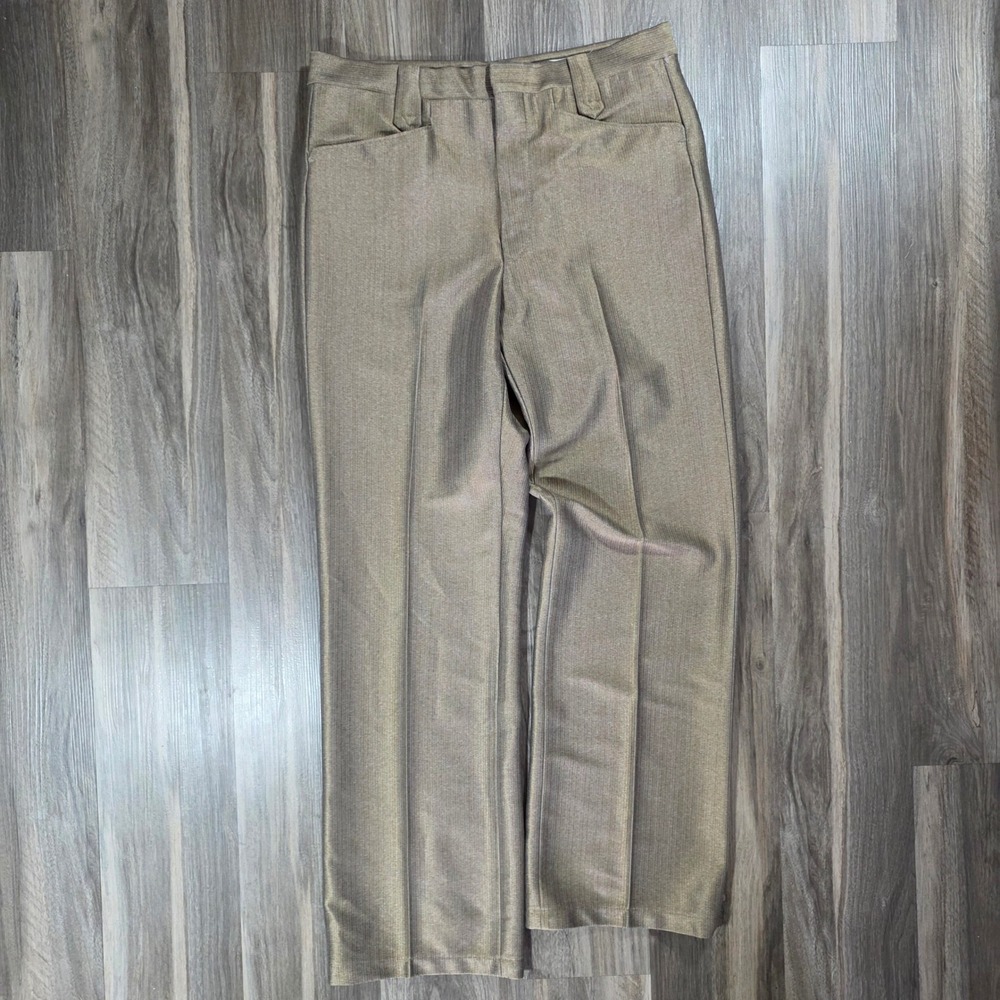 Vintage Curlee Mens Tan Western Flare Dress Slacks Polyester Knit Made in USA 32